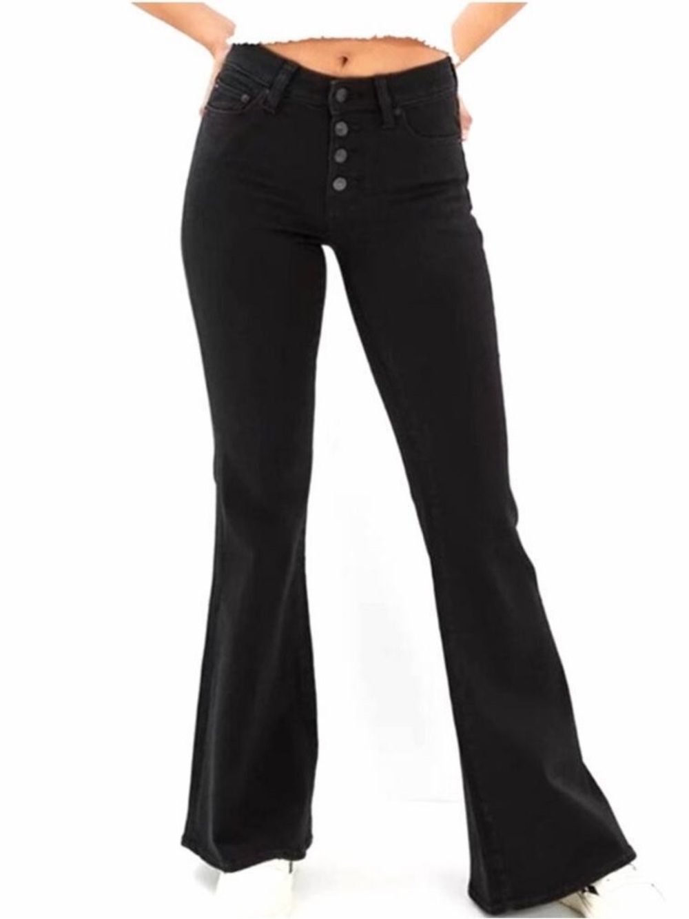 American Eagle Curvy Highest Rise Flare Jeans 14 black stretch button fly hippie